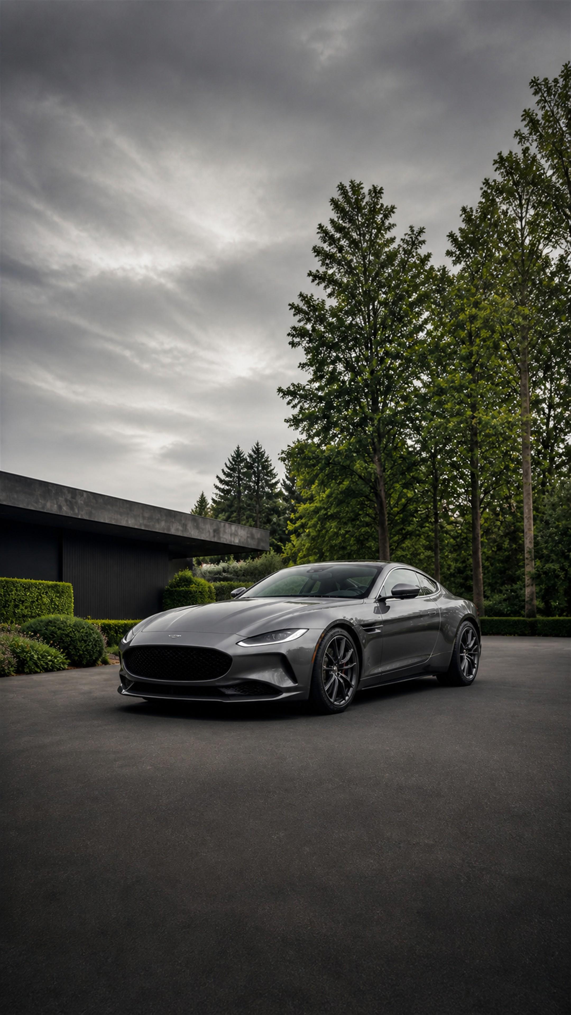 Graphite performance car presented outside a modern private showroom